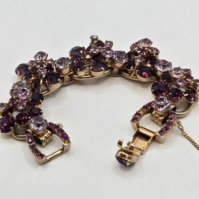 LOT 79: Capri Purple Art Glass Pendant Necklace, Two Tone Purple Rhinestone Bracelet w/ Safety Clasp, and One Matching Clip Earring