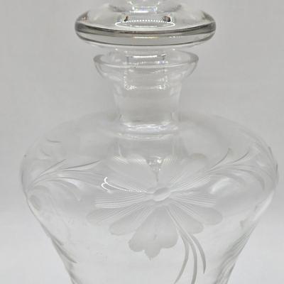 LOT 93: "Diana" Purple Glass Vase and Clear Etched Glass Decanter w/ Lid