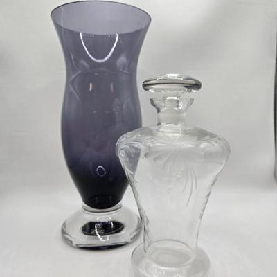 LOT 93: "Diana" Purple Glass Vase and Clear Etched Glass Decanter w/ Lid