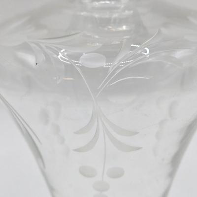 LOT 93: "Diana" Purple Glass Vase and Clear Etched Glass Decanter w/ Lid