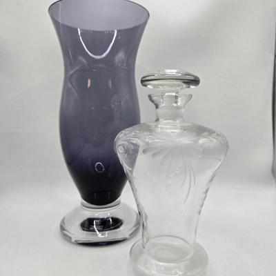 LOT 93: "Diana" Purple Glass Vase and Clear Etched Glass Decanter w/ Lid