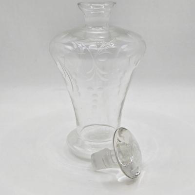 LOT 93: "Diana" Purple Glass Vase and Clear Etched Glass Decanter w/ Lid