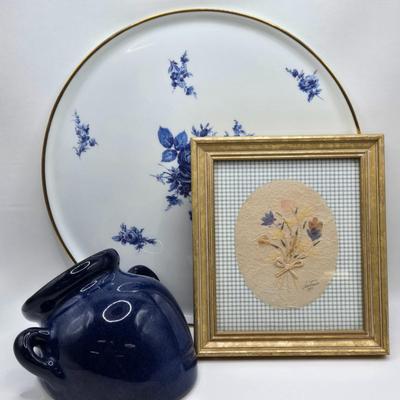 LOT 96: Tharaud France Porcelain Serving Plate, Vintage Pottery Wall Pocket, and Pressed Flower Framed Artwork