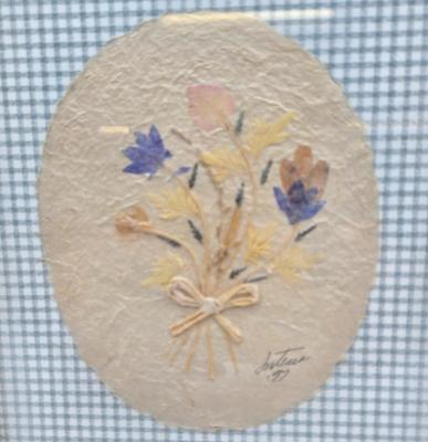 LOT 96: Tharaud France Porcelain Serving Plate, Vintage Pottery Wall Pocket, and Pressed Flower Framed Artwork