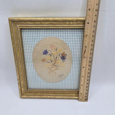 LOT 96: Tharaud France Porcelain Serving Plate, Vintage Pottery Wall Pocket, and Pressed Flower Framed Artwork