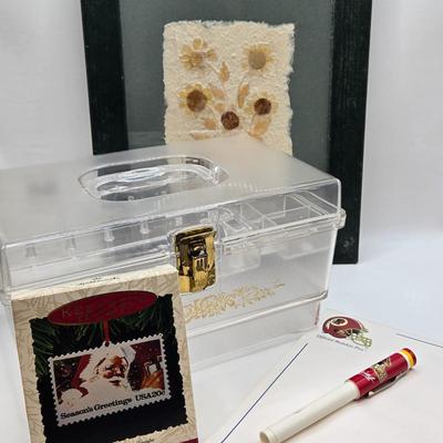 LOT 97: Vintage MCM Sewing Box w/ Removable Tray, Pressed Flower Framed Artwork, 1993 Hallmark Ornament in Original Box, NFL Redskins Pen...
