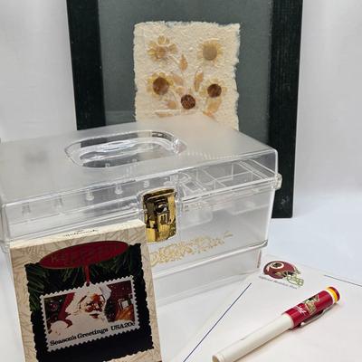 LOT 97: Vintage MCM Sewing Box w/ Removable Tray, Pressed Flower Framed Artwork, 1993 Hallmark Ornament in Original Box, NFL Redskins Pen...