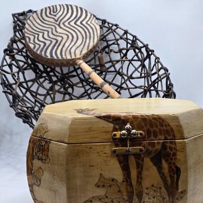 LOT 98: Twin Rattan Woven Basket w/Metal Feet, Tribal Spin Drum, and "Billie Ross of the Palm Beaches" Lined Small Chest