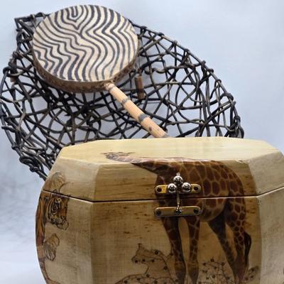 LOT 98: Twin Rattan Woven Basket w/Metal Feet, Tribal Spin Drum, and "Billie Ross of the Palm Beaches" Lined Small Chest