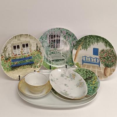 LOT 104: Limoges France Serving Platter with Formalities Garden Bench Plates, Rosenthal Platter & Japan Made Teacup and Saucer