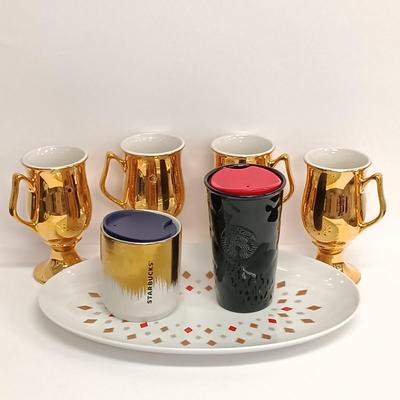 LOT 105: Seyei Fine China Diamond Pattern Plate, Hall Coffee Mugs & Starbucks Travel Mugs