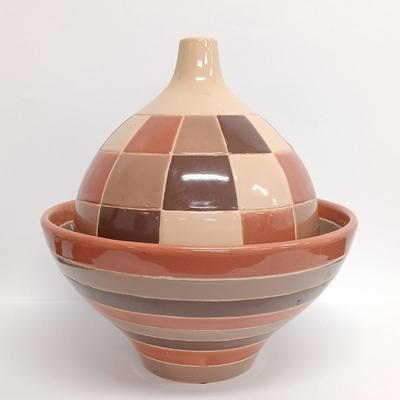 LOT 107: Vietnam Made Pottery Checkerboard Vase and Striped Bowl