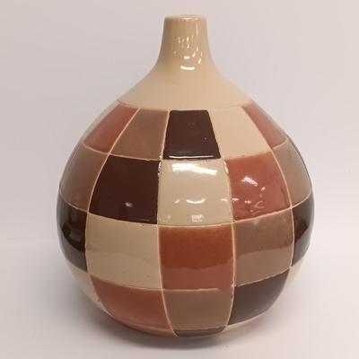LOT 107: Vietnam Made Pottery Checkerboard Vase and Striped Bowl