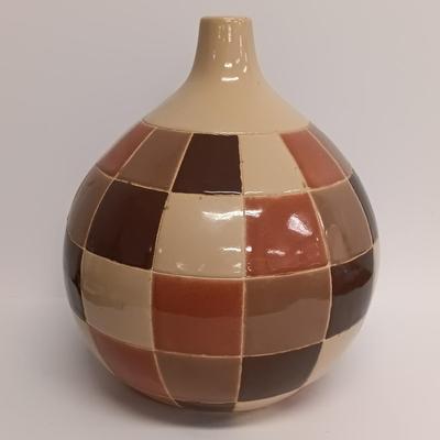 LOT 107: Vietnam Made Pottery Checkerboard Vase and Striped Bowl
