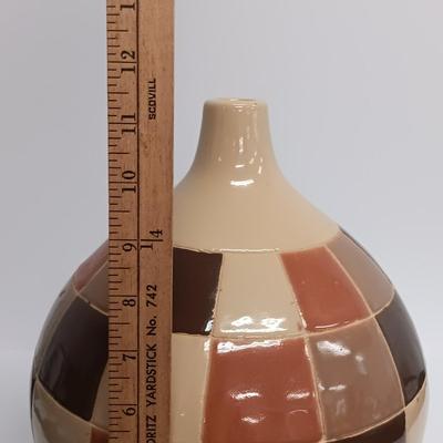 LOT 107: Vietnam Made Pottery Checkerboard Vase and Striped Bowl