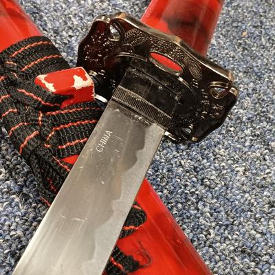 LOT 116: 3-Piece Red Katana Sword Set