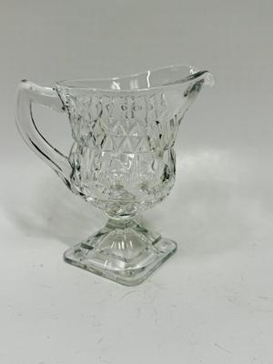 McKee Glass PLYMOUTH Clear Creamer 4.5” Thumbprint Footed Mid-Century
