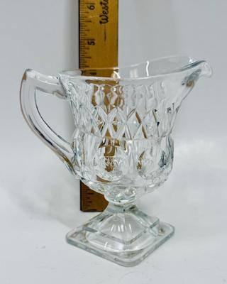 McKee Glass PLYMOUTH Clear Creamer 4.5” Thumbprint Footed Mid-Century
