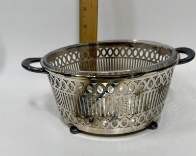 Vintage REED & BARTON round Glass Casserole and EPNS silver plate basket with handles