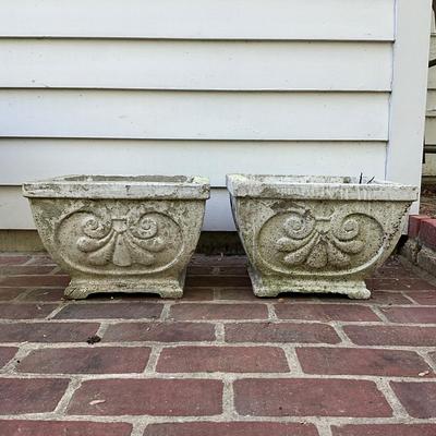 O538 Pair of Concrete Square Acanthus Style Planters