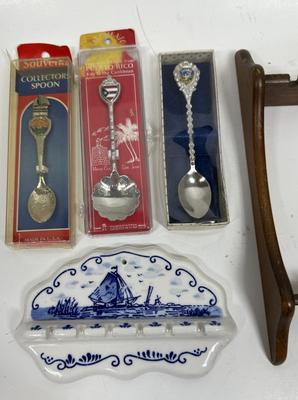 3 miniature spoon lot with 2 display pieces wood and Delft