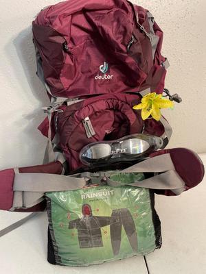Deuter backpack, Coleman rain suit, U-fit glasses