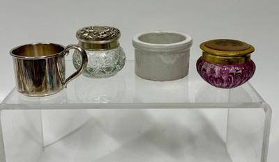 Small Lot Container Lot- @ Avon Jars, Baby Cup, and Schuber’s Crock Butter container