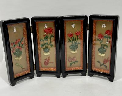 Vintage Table-top 4 Panel 3D Coral & Jade Folding Artwork Panels Lacquered Black Frames