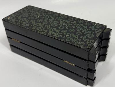 Vintage Table-top 4 Panel 3D Coral & Jade Folding Artwork Panels Lacquered Black Frames