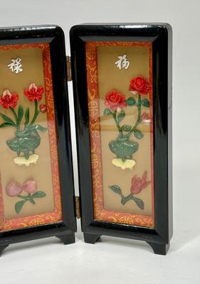 Vintage Table-top 4 Panel 3D Coral & Jade Folding Artwork Panels Lacquered Black Frames