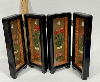 Vintage Table-top 4 Panel 3D Coral & Jade Folding Artwork Panels Lacquered Black Frames