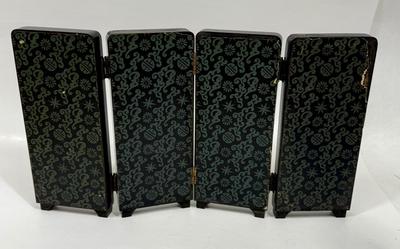 Vintage Table-top 4 Panel 3D Coral & Jade Folding Artwork Panels Lacquered Black Frames