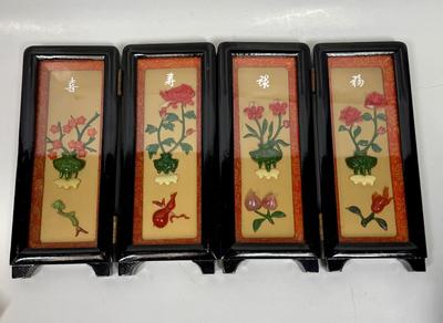 Vintage Table-top 4 Panel 3D Coral & Jade Folding Artwork Panels Lacquered Black Frames