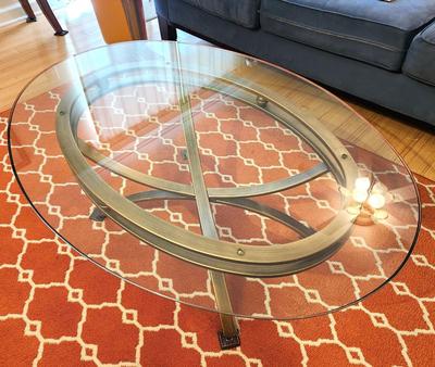 Lot #106 Contemporary Oval Tempered Glass Coffee Table - metal frame
