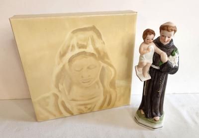 Lot #108 Blessed Virgin Mary art piece and vintage St. Anthony Statue