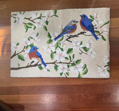 L685 Blue Bird on Floral Tree Wool Hooked Rug
