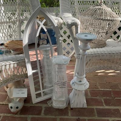 P650 Pair of White Wooden Candlesticks with Cathedral Style Mirror
