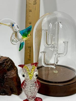 Hand-Blown Glass Figurines & Display Lot - Clown Hummingbird Cactus tree