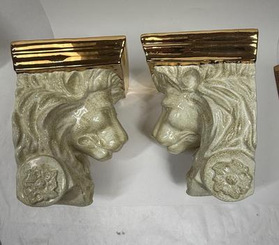 Vintage Painted Gold Plaster Lion Head Pair Wall Decor Shelf