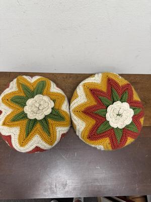 Vintage Handmade Crocheted Pillows - 70's Colors