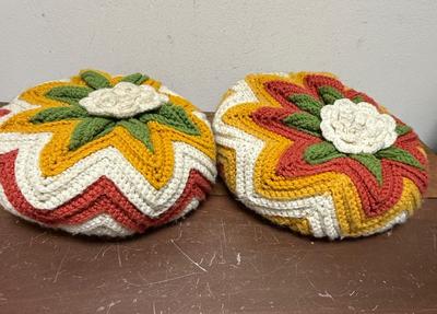 Vintage Handmade Crocheted Pillows - 70's Colors