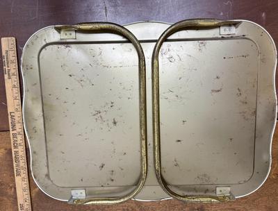 Sale Photo Thumbnail #264: Colorful design has hanging Chinese Lanterns. Some surface rust on the folding legs and a few spots where paint on the tray has chipped away, see photos. Approx. 7" high with legs extended.