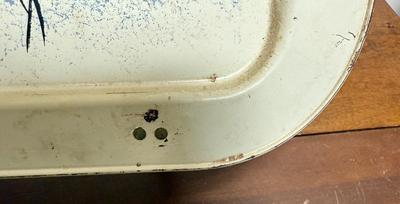 Sale Photo Thumbnail #272: Colorful design has hanging Chinese Lanterns. Some surface rust on the folding legs and a few spots where paint on the tray has chipped away, see photos. Approx. 7" high with legs extended.