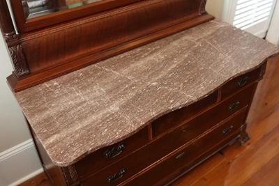 Antique Carved Walnut Marble Top Dresser with Mirror