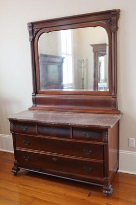 Antique Carved Walnut Marble Top Dresser with Mirror
