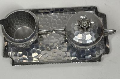 World~Hand Forged Hammered Aluminum Vintage Sugar Bowl With Lid-Creamer on Tray