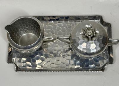 World~Hand Forged Hammered Aluminum Vintage Sugar Bowl With Lid-Creamer on Tray