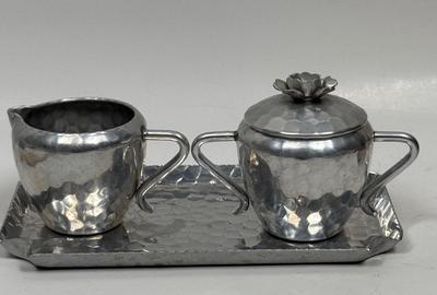 World~Hand Forged Hammered Aluminum Vintage Sugar Bowl With Lid-Creamer on Tray