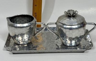 World~Hand Forged Hammered Aluminum Vintage Sugar Bowl With Lid-Creamer on Tray
