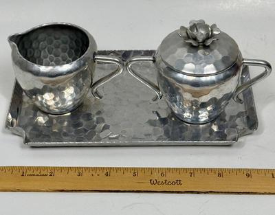 World~Hand Forged Hammered Aluminum Vintage Sugar Bowl With Lid-Creamer on Tray